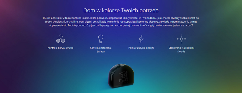 Kontroler oświetlenia LED Fibaro FGRGBWM-442 kompatybilny z taśmami RGB/RGBW źródłami światła obsługuje do 4 czujników analogowych
