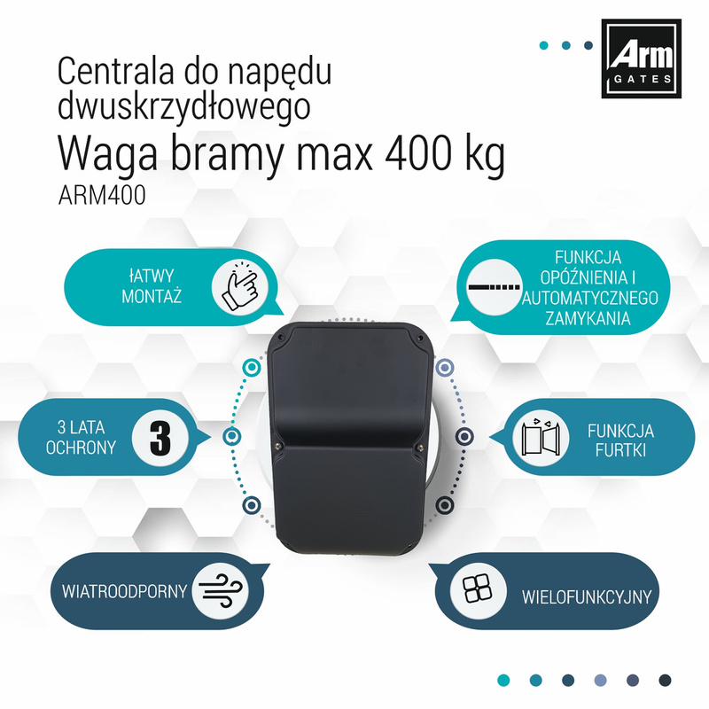 Napęd do bramy dwuskrzydłowej ARM400 4,4m/400kg Zestaw z 4 pilotami