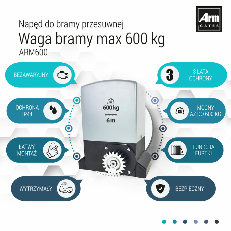 Napęd do bramy przesuwnej ARM600 6m/600kg z WIFI ZESTAW (LEW370 + 5x 30020M + 30024 + 120454 + 2x 120453 + SBW-02) 